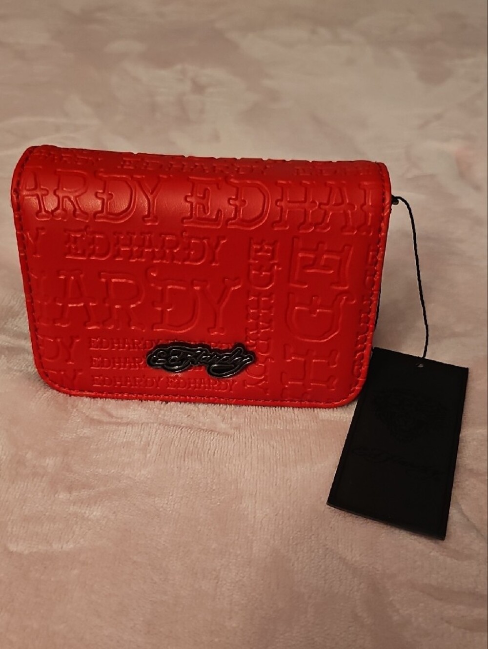 Ed Hardy Red Embossed Compact Wallet/Purse with Clip On Strap